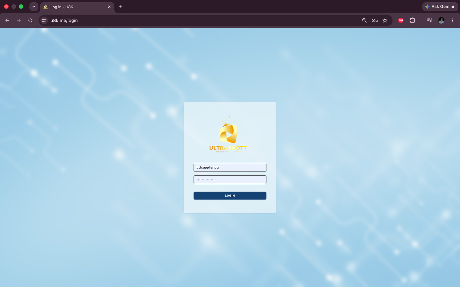 Ultra 8K reseller panel login screen on desktop